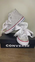 Load and play video in Gallery viewer, Adults White Converse, | Wedding Converse | Bling Shoes | Rhinestone | Birthday Theme | Personalized | Bedazzled Shoes | Bride
